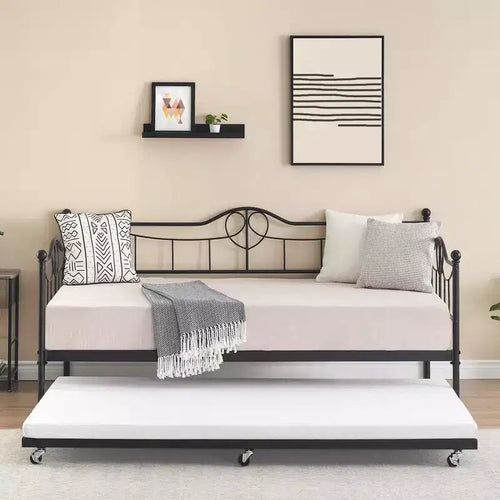 Acekool Twin Day Bed with Trundle, 4 Brake Wheels & Metal Frame for Living Room Bedroom