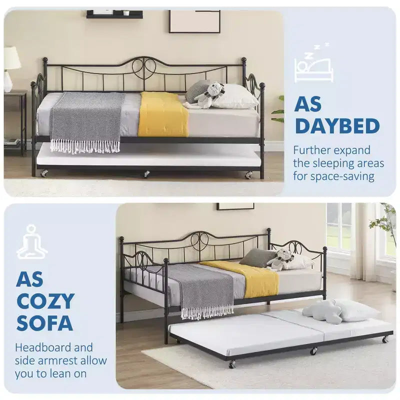 Lit de repos double Acekool avec lit gigogne, 4 roulettes freinées et cadre en métal pour salon et chambre à coucher