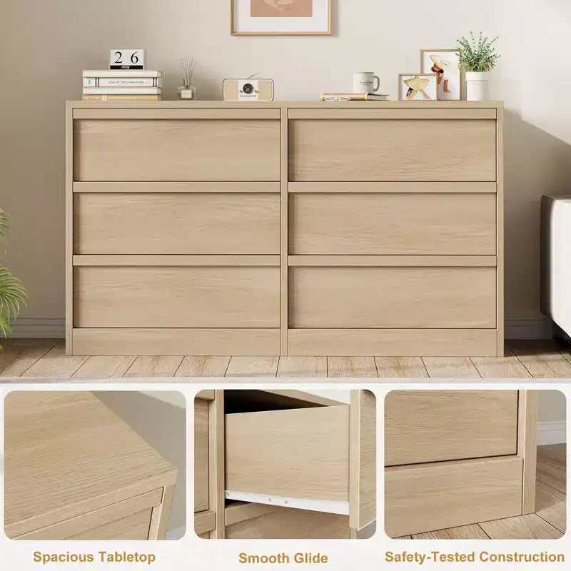 Commode à 6 tiroirs pour chambre à coucher, commode double moderne avec 6 tiroirs grand espace de rangement, commode en bois pour salon