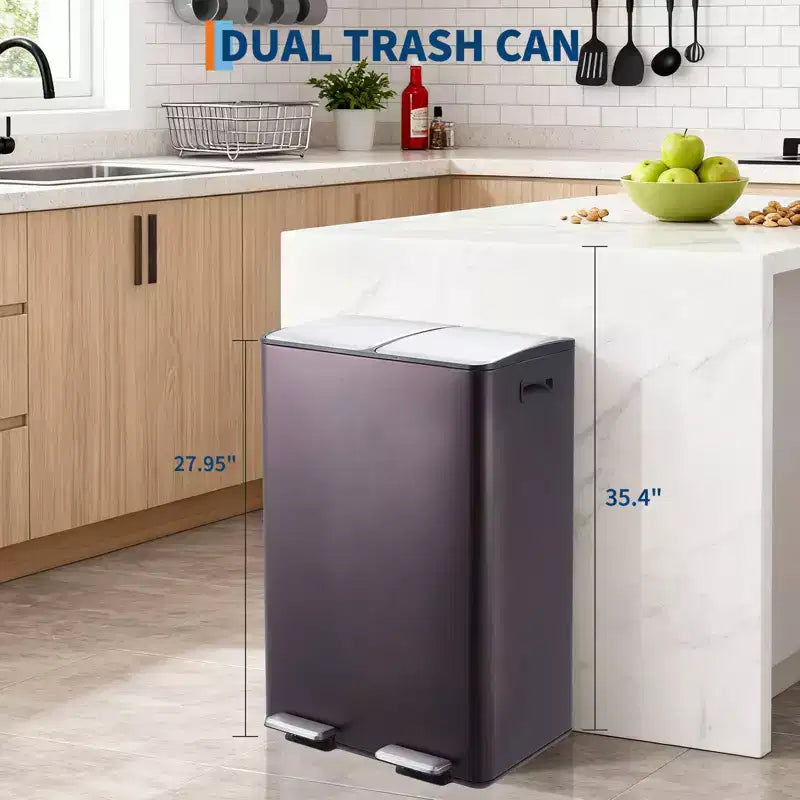 Poubelle de cuisine avec couvercle, 60L (2 x 30L) à double compartiment en acier inoxydable, poubelle de recyclage combinée avec pédales indépendantes