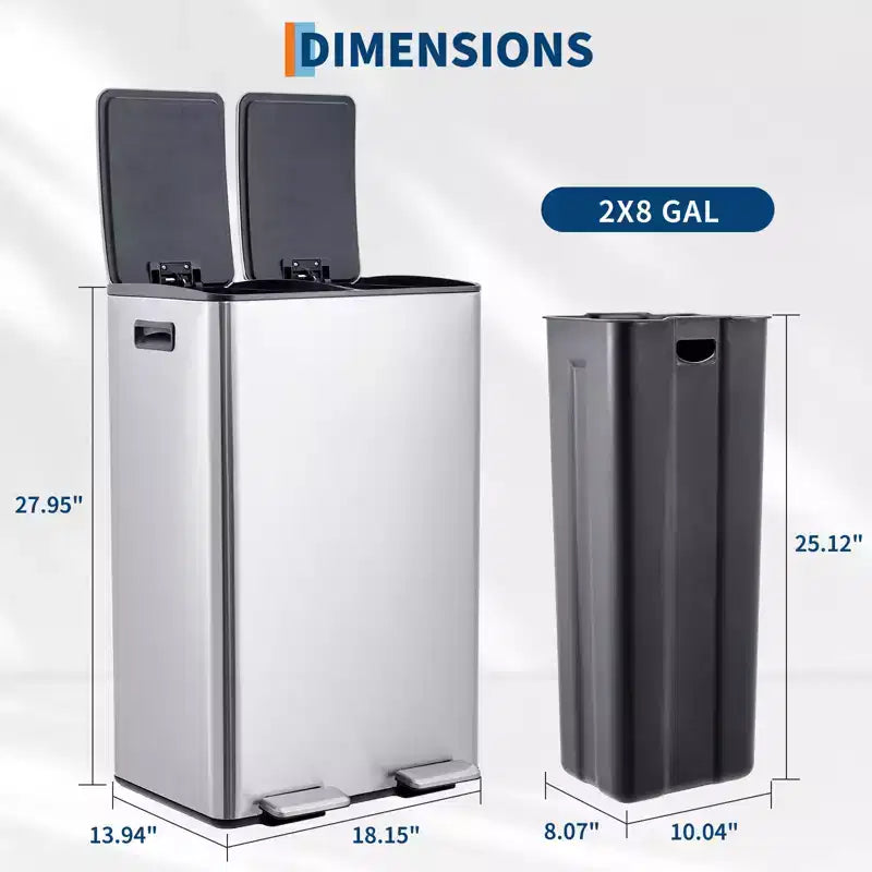 Poubelle de cuisine avec couvercle, 60L (2 x 30L) à double compartiment en acier inoxydable, poubelle de recyclage combinée avec pédales indépendantes