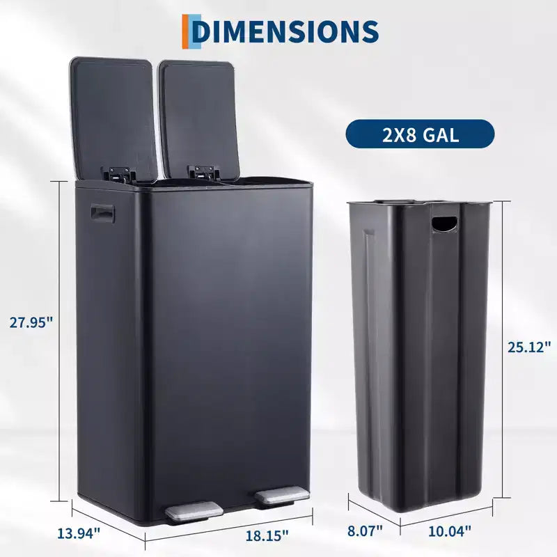 Poubelle de cuisine avec couvercle, 60L (2 x 30L) à double compartiment en acier inoxydable, poubelle de recyclage combinée avec pédales indépendantes