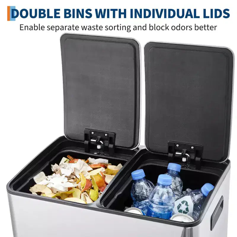 Poubelle de cuisine avec couvercle, 60L (2 x 30L) à double compartiment en acier inoxydable, poubelle de recyclage combinée avec pédales indépendantes