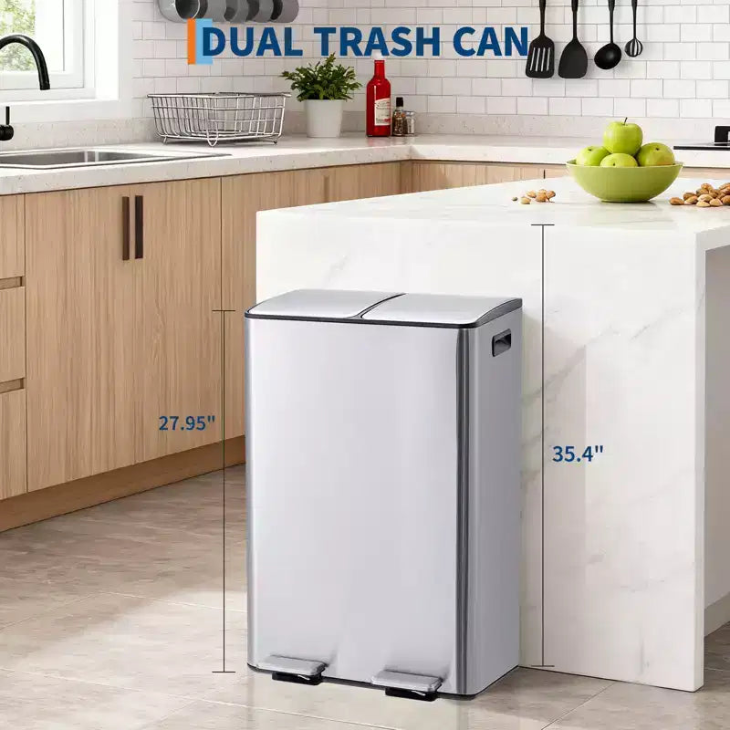 Poubelle de cuisine avec couvercle, 60L (2 x 30L) à double compartiment en acier inoxydable, poubelle de recyclage combinée avec pédales indépendantes
