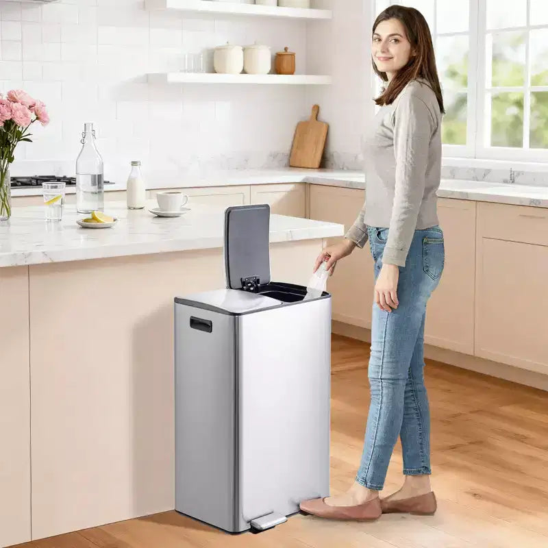 Poubelle de cuisine avec couvercle, 60L (2 x 30L) à double compartiment en acier inoxydable, poubelle de recyclage combinée avec pédales indépendantes