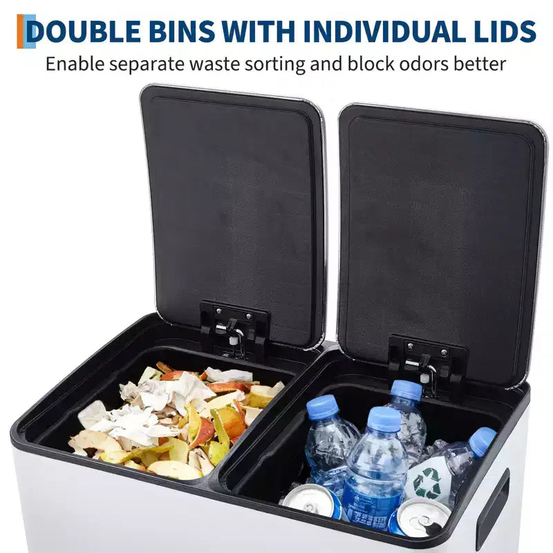 Poubelle de cuisine avec couvercle, 60L (2 x 30L) à double compartiment en acier inoxydable, poubelle de recyclage combinée avec pédales indépendantes