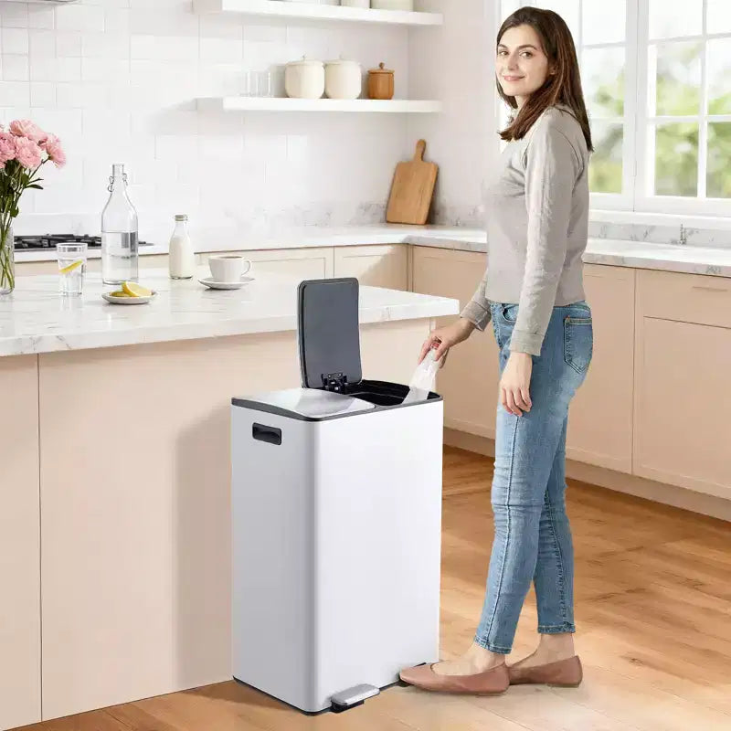 Poubelle de cuisine avec couvercle, 60L (2 x 30L) à double compartiment en acier inoxydable, poubelle de recyclage combinée avec pédales indépendantes