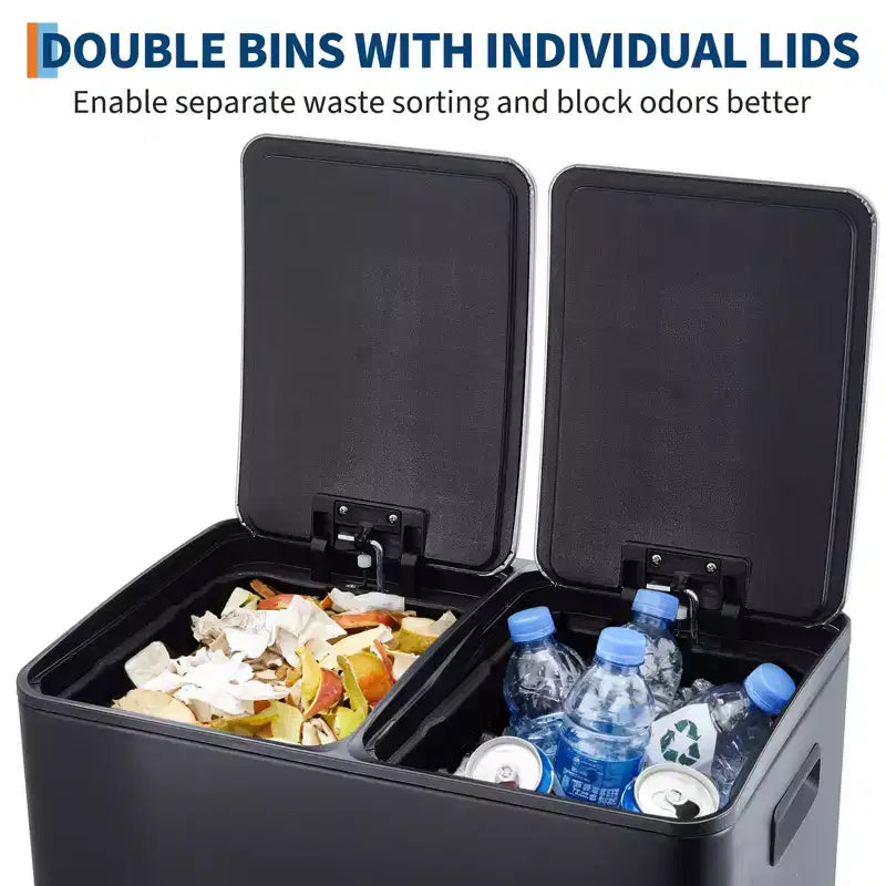 Poubelle de cuisine avec couvercle, 60L (2 x 30L) à double compartiment en acier inoxydable, poubelle de recyclage combinée avec pédales indépendantes