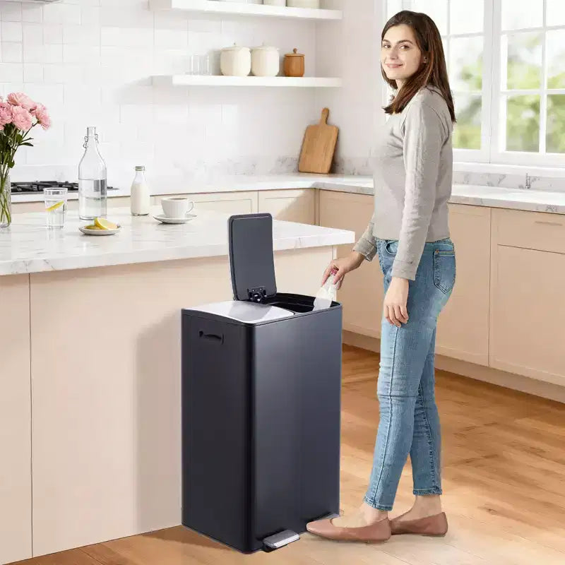 Poubelle de cuisine avec couvercle, 60L (2 x 30L) à double compartiment en acier inoxydable, poubelle de recyclage combinée avec pédales indépendantes
