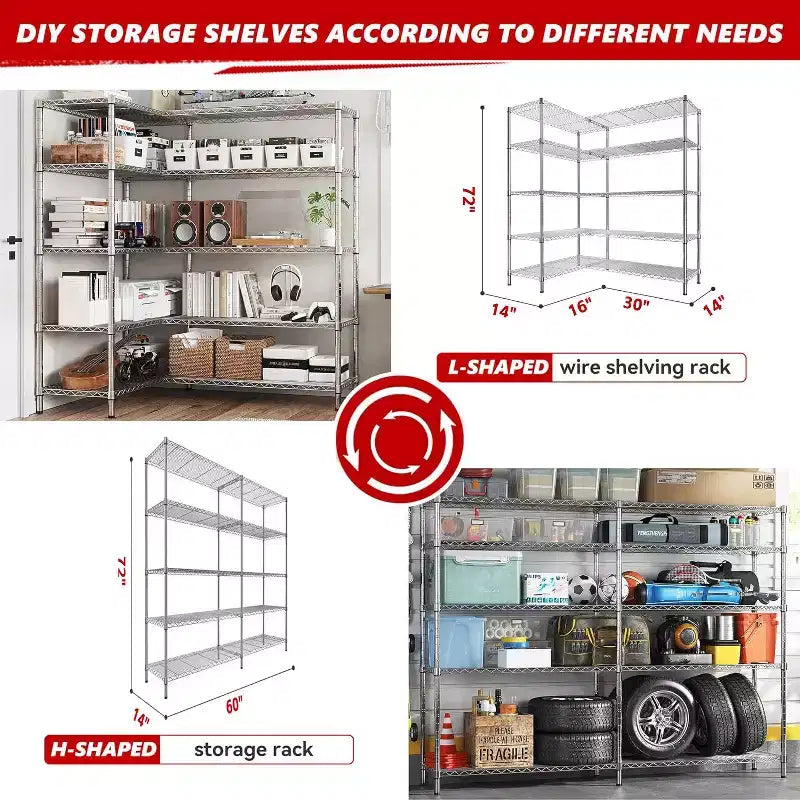 Étagère de rangement en métal robuste à 5 niveaux BATHWA, étagères métalliques réglables en fil métallique de 60W x 14D x 72H pour le rangement, étagères de rangement autoportantes de 1500 lb