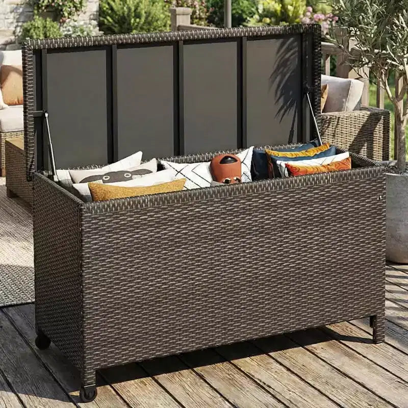 Coffre de rangement en rotin PE avec roulettes verrouillables, coffre de rangement extérieur avec poignées latérales pour coussins de patio et jouets de piscine