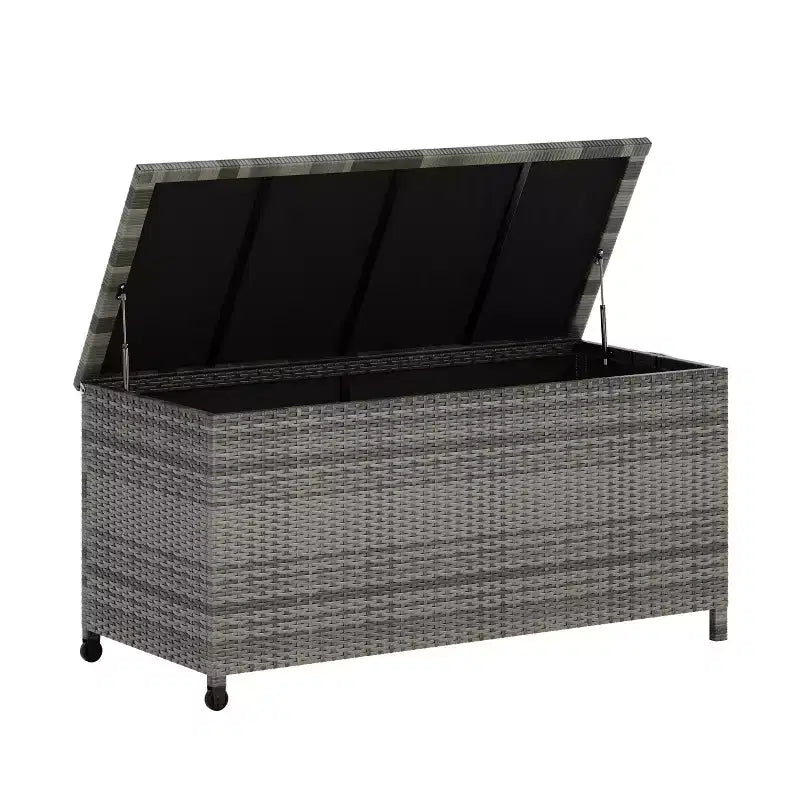 Coffre de rangement en rotin PE avec roulettes verrouillables, coffre de rangement extérieur avec poignées latérales pour coussins de patio et jouets de piscine
