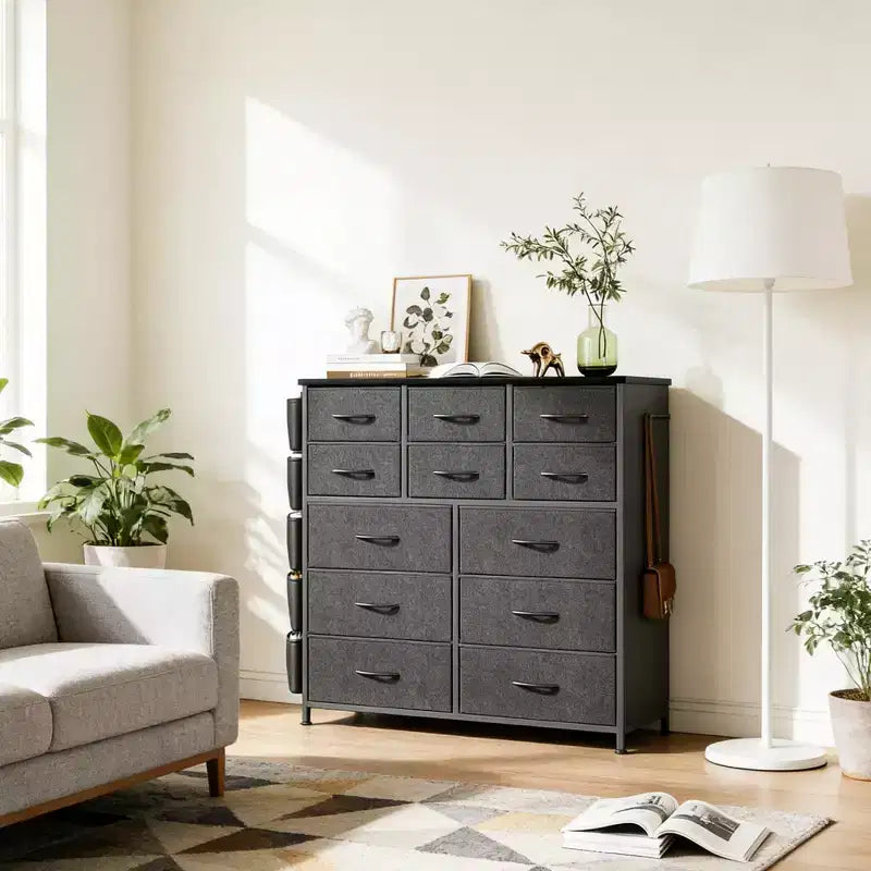 Commode en tissu à 12 tiroirs avec bacs de rangement, tour de rangement haute en bois pour chambre, couloir, entrée