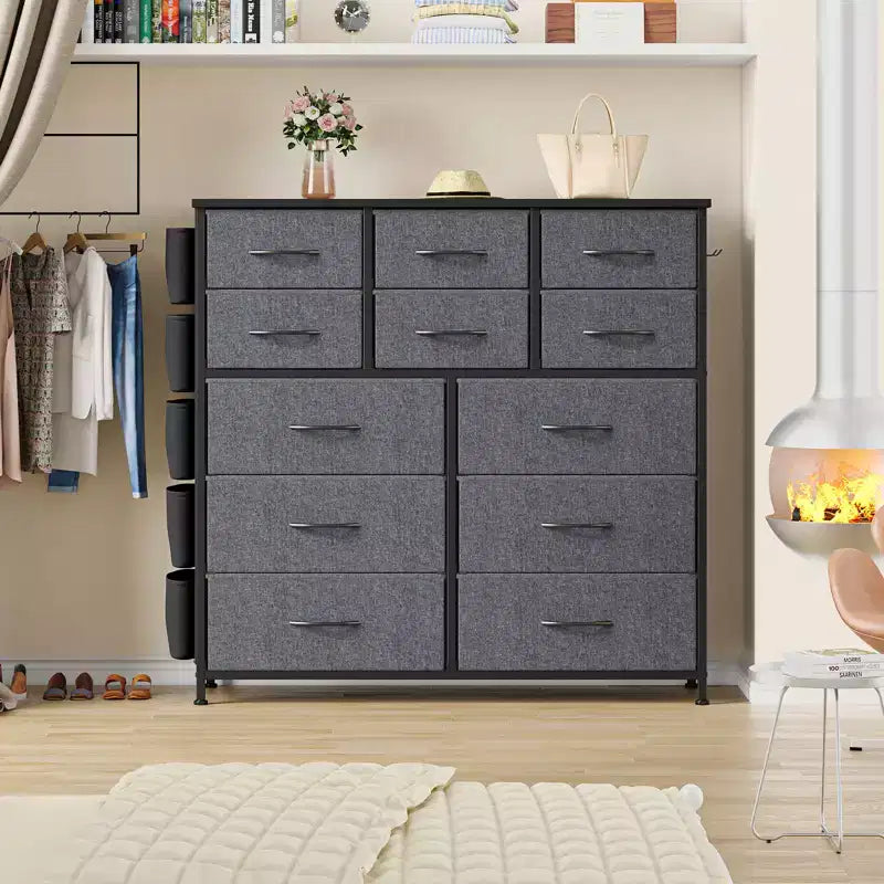 Commode en tissu à 12 tiroirs avec bacs de rangement, tour de rangement haute en bois pour chambre, couloir, entrée