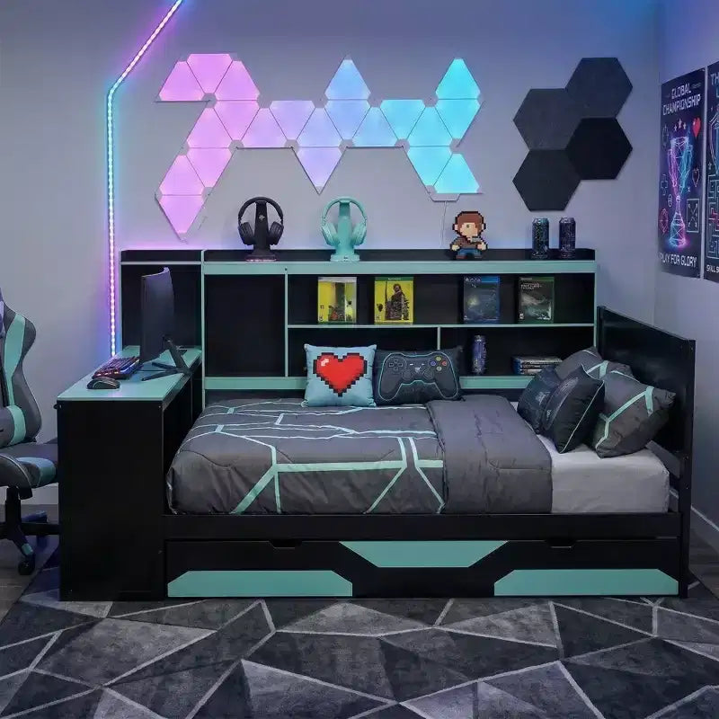 Lit de repos Polibi Gamer Hub avec bureau, lumières RVB, station de charge, tiroirs de rangement et tête de lit bibliothèque