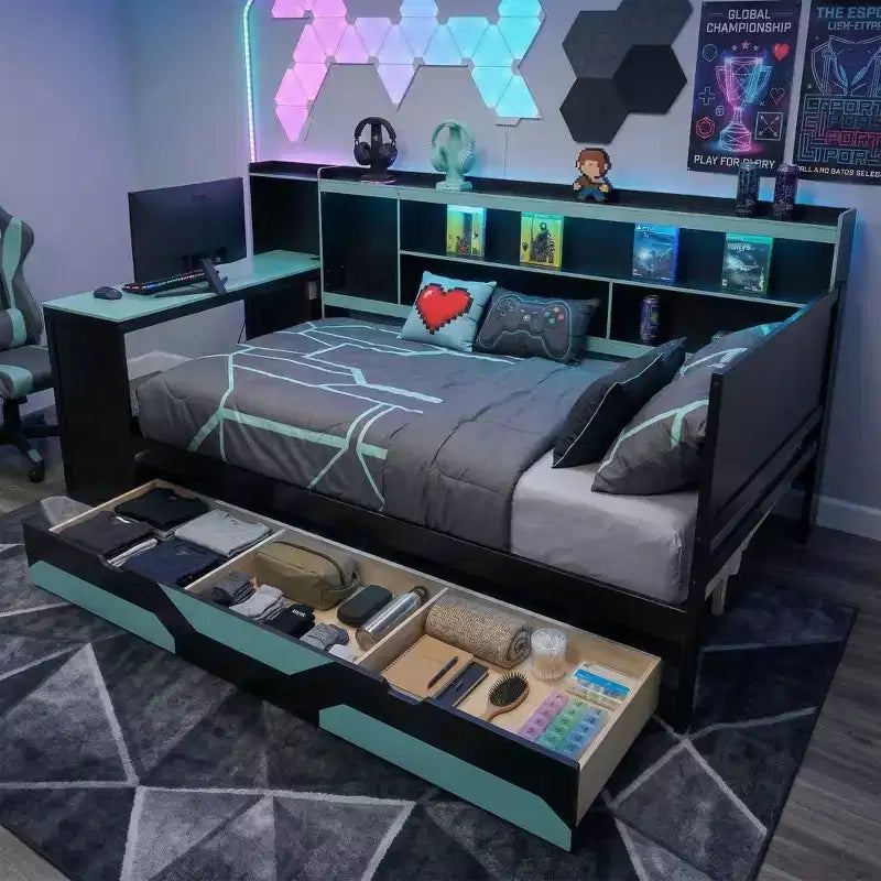 Lit de repos Polibi Gamer Hub avec bureau, lumières RVB, station de charge, tiroirs de rangement et tête de lit bibliothèque