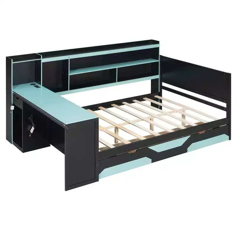 Lit de repos Polibi Gamer Hub avec bureau, lumières RVB, station de charge, tiroirs de rangement et tête de lit bibliothèque
