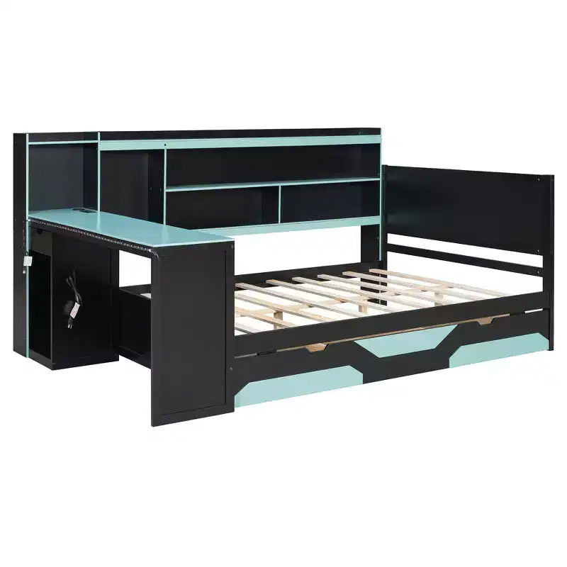 Lit de repos Polibi Gamer Hub avec bureau, lumières RVB, station de charge, tiroirs de rangement et tête de lit bibliothèque