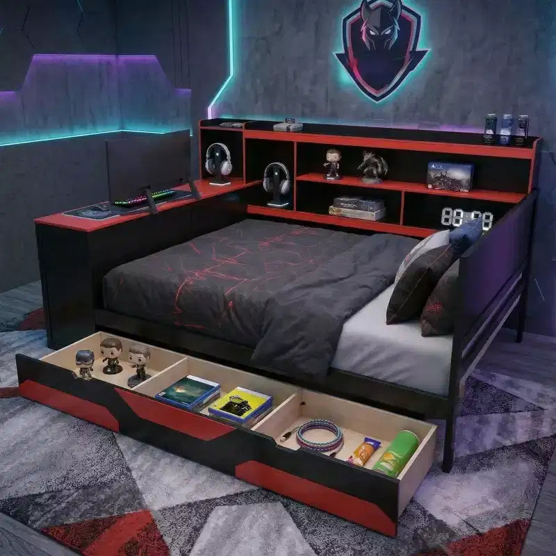 Lit de repos Polibi Gamer Hub avec bureau, lumières RVB, station de charge, tiroirs de rangement et tête de lit bibliothèque
