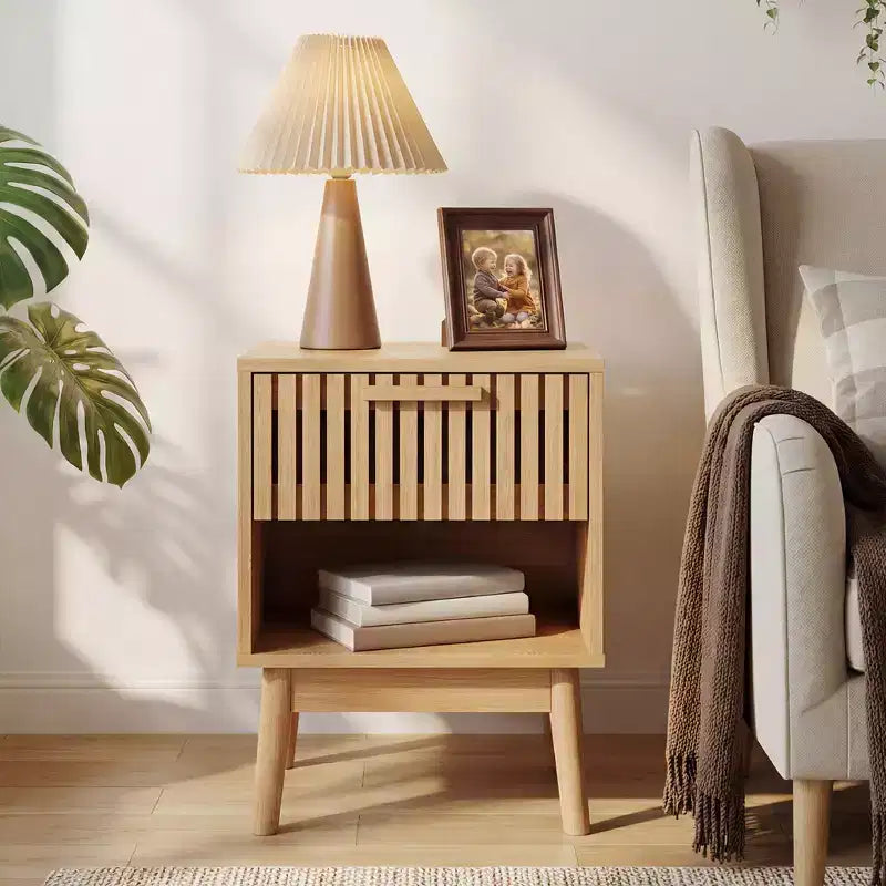 Boho Nightstand with Drawer & Open Storage Shelf, Modern Small Wood Bedside Table, Compact Accent End Side Table for Bedroom & Living Room