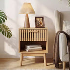 Boho Nightstand with Drawer & Open Storage Shelf, Modern Small Wood Bedside Table, Compact Accent End Side Table for Bedroom & Living Room