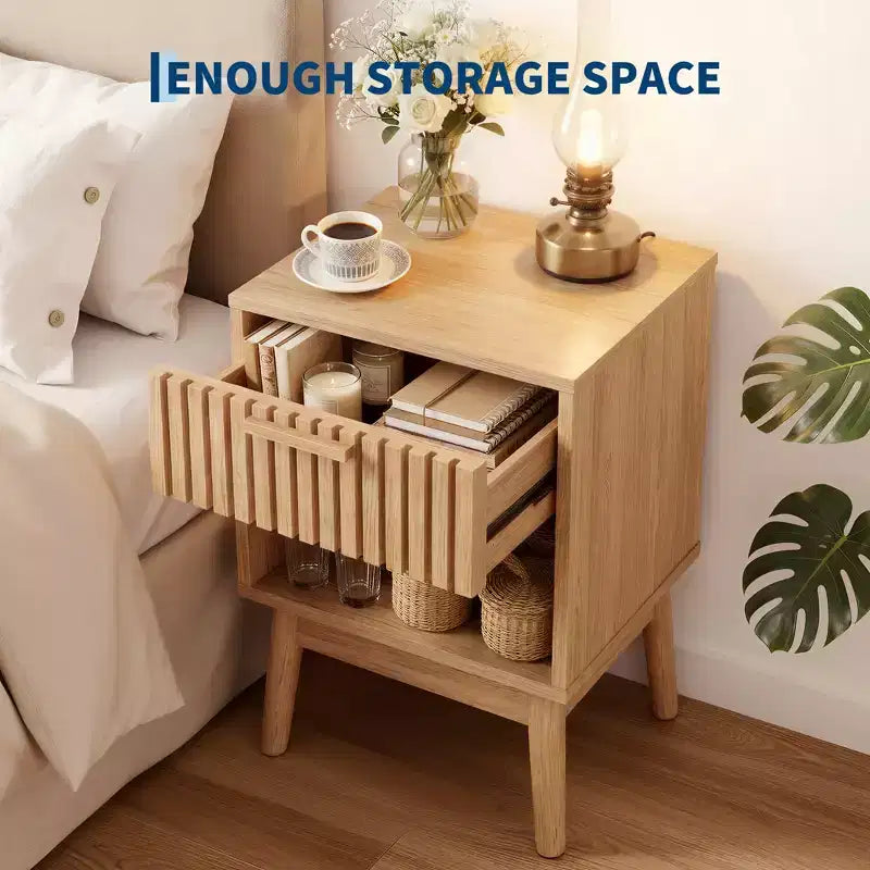 Table de chevet bohème avec tiroir et étagère ouverte, petite table de chevet moderne en bois, table d'appoint compacte pour chambre et salon