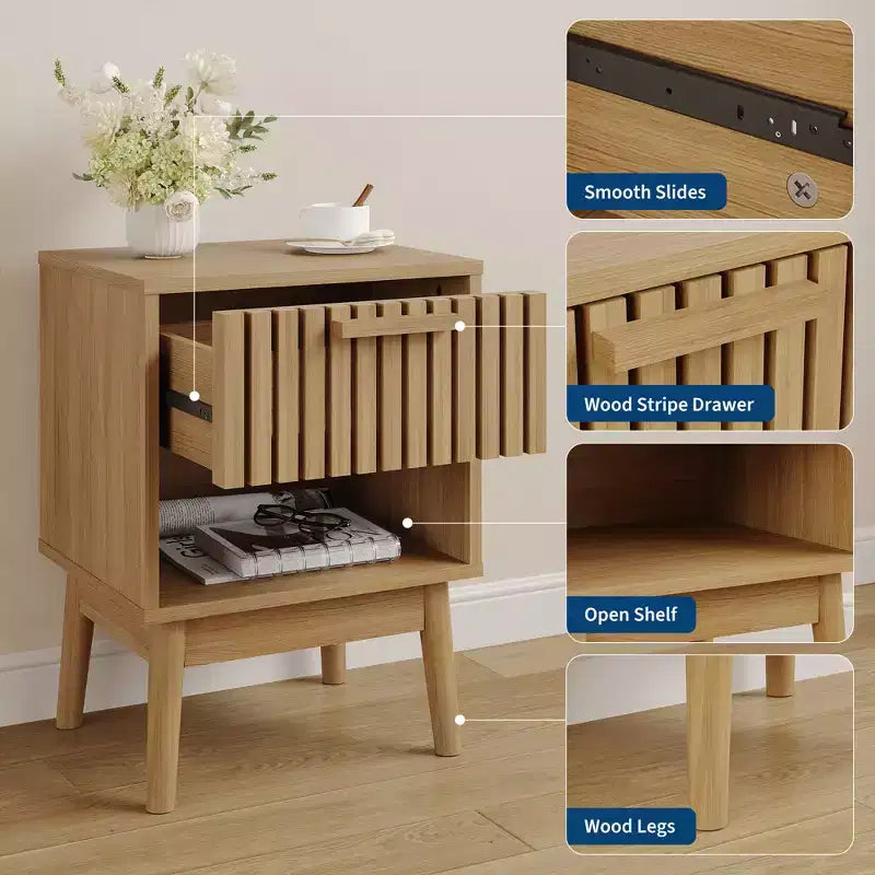 Table de chevet bohème avec tiroir et étagère ouverte, petite table de chevet moderne en bois, table d'appoint compacte pour chambre et salon