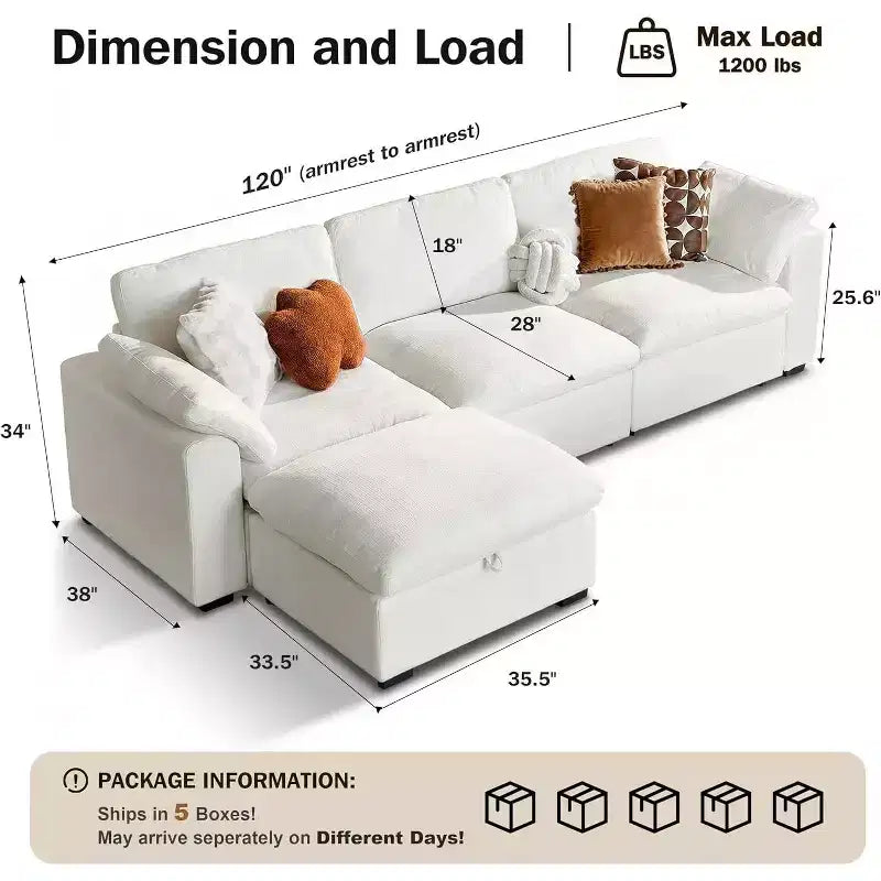 Canapé d'angle modulable surdimensionné Dyonery Cloud, en L et en U, avec pouf de rangement, assise profonde