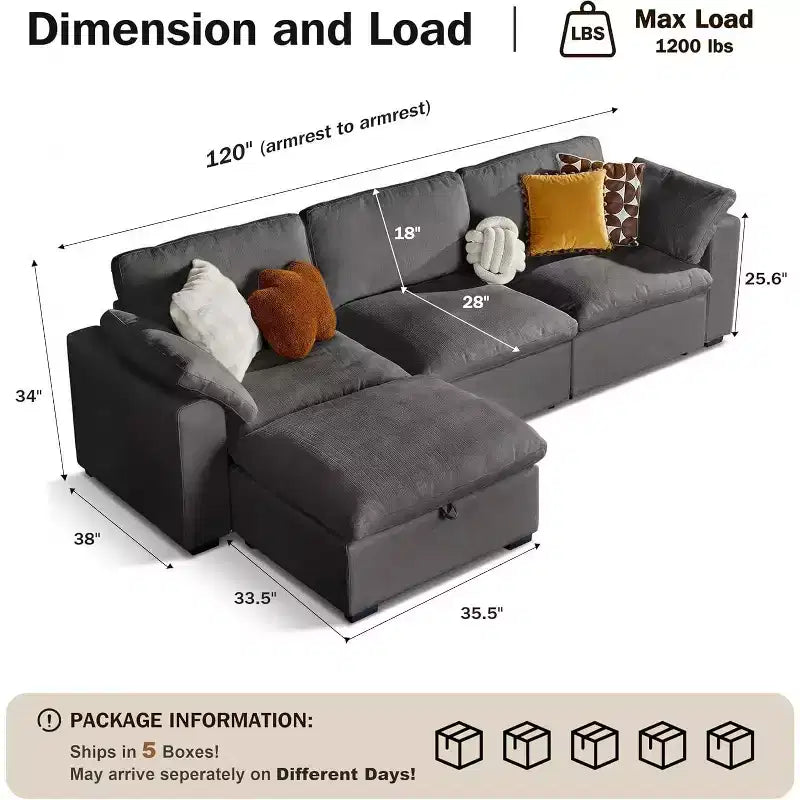 Canapé d'angle modulable surdimensionné Dyonery Cloud, en L et en U, avec pouf de rangement, assise profonde