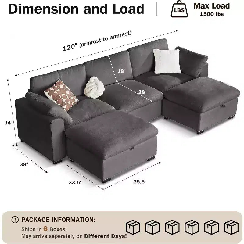 Canapé d'angle modulable surdimensionné Dyonery Cloud, en L et en U, avec pouf de rangement, assise profonde