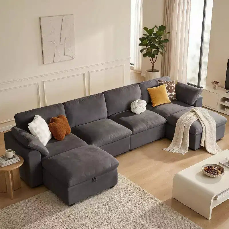 Canapé d'angle modulable surdimensionné Dyonery Cloud, en L et en U, avec pouf de rangement, assise profonde