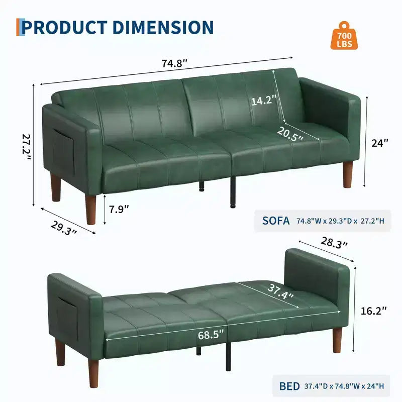 Canapé Futon Convertible, Causeuse en Similicuir de 75 po avec 3 Angles Réglables, Canapé Moderne du Milieu du Siècle pour Salon et Chambre d'amis