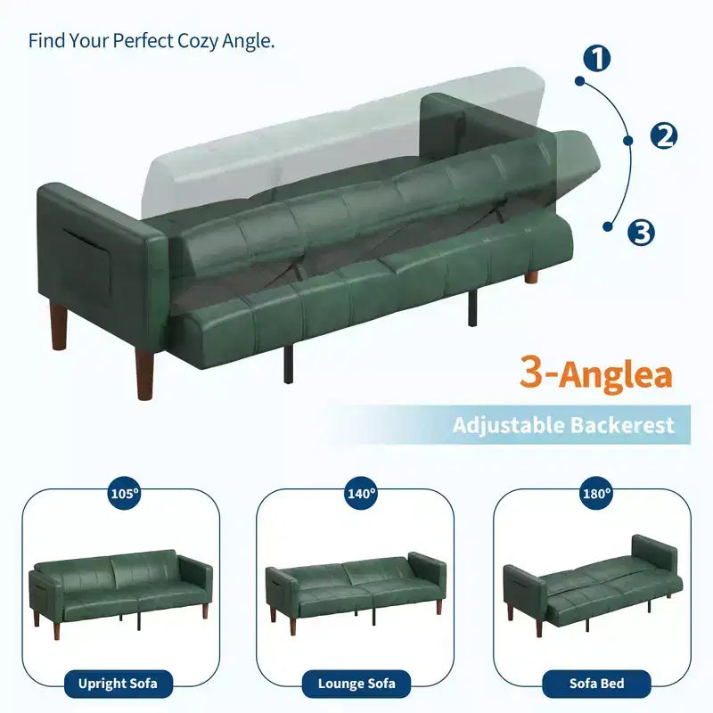 Canapé Futon Convertible, Causeuse en Similicuir de 75 po avec 3 Angles Réglables, Canapé Moderne du Milieu du Siècle pour Salon et Chambre d'amis