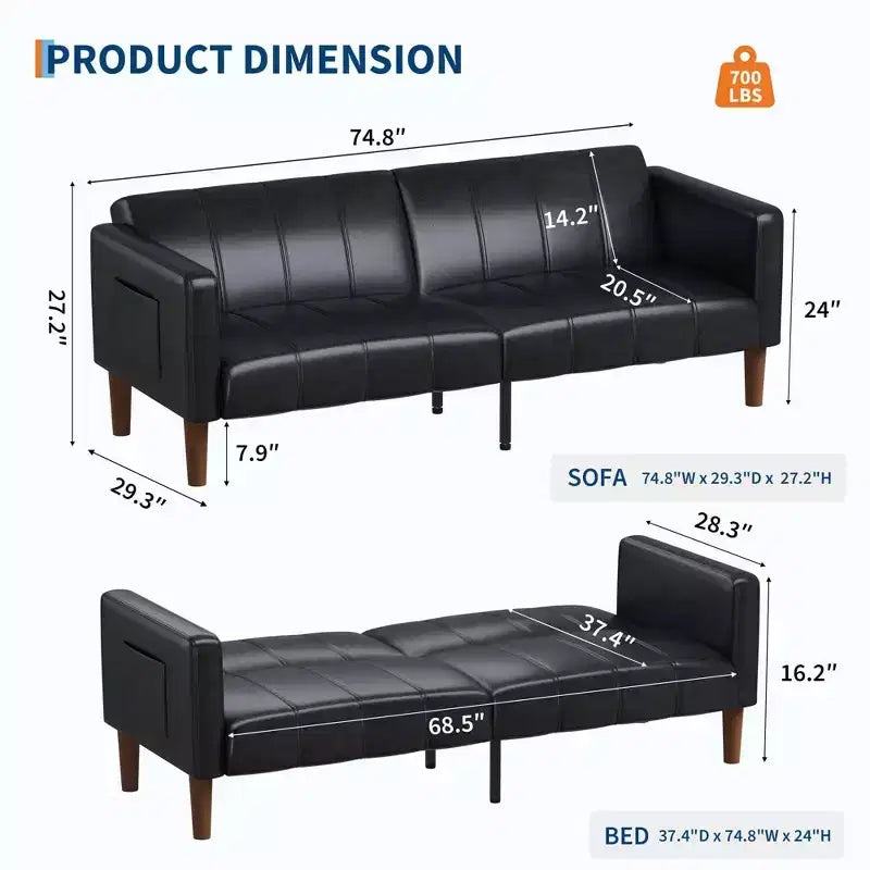 Canapé Futon Convertible, Causeuse en Similicuir de 75 po avec 3 Angles Réglables, Canapé Moderne du Milieu du Siècle pour Salon et Chambre d'amis