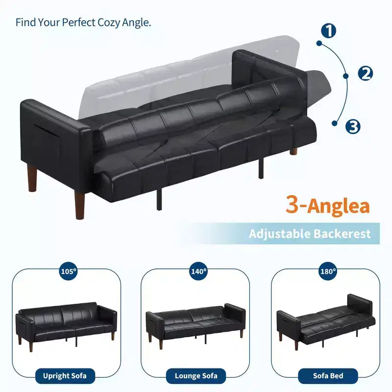 Canapé Futon Convertible, Causeuse en Similicuir de 75 po avec 3 Angles Réglables, Canapé Moderne du Milieu du Siècle pour Salon et Chambre d'amis