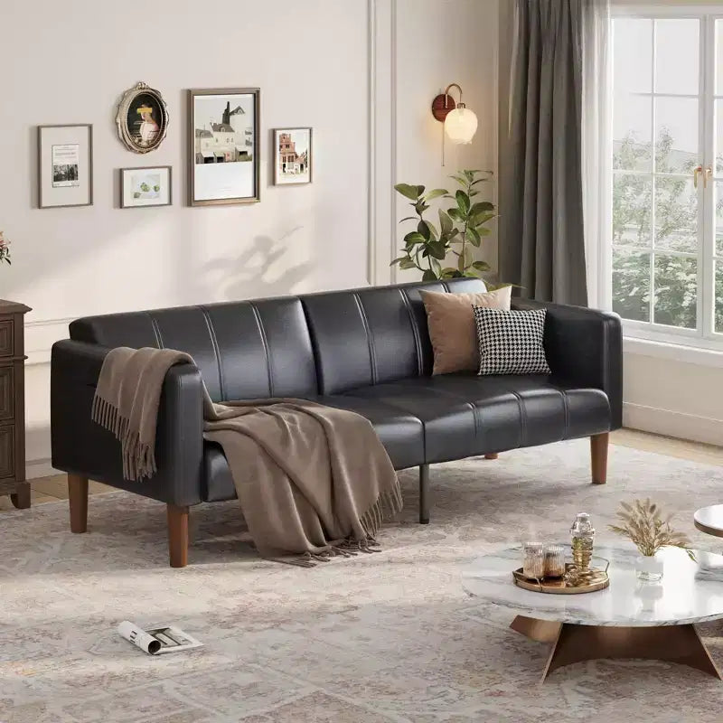 Convertible Futon Sofa Bed, 75 Faux Leather Loveseat with 3 Adjustable Angles, Mid-Century Modern Couch for Living Room Guest Bedroom