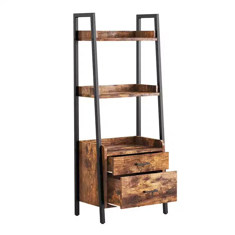 Fabato 3 Tier Display Bookshelf Bookcase with Ladder Shelves, Metal Frame, and 2 Organizing Drawers for Living Room, Office, or Bedroom, Rustic Brown