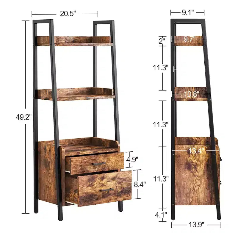 Étagère bibliothèque à 3 niveaux Fabato avec échelle, structure métallique et 2 tiroirs de rangement pour le salon, le bureau ou la chambre, marron rustique