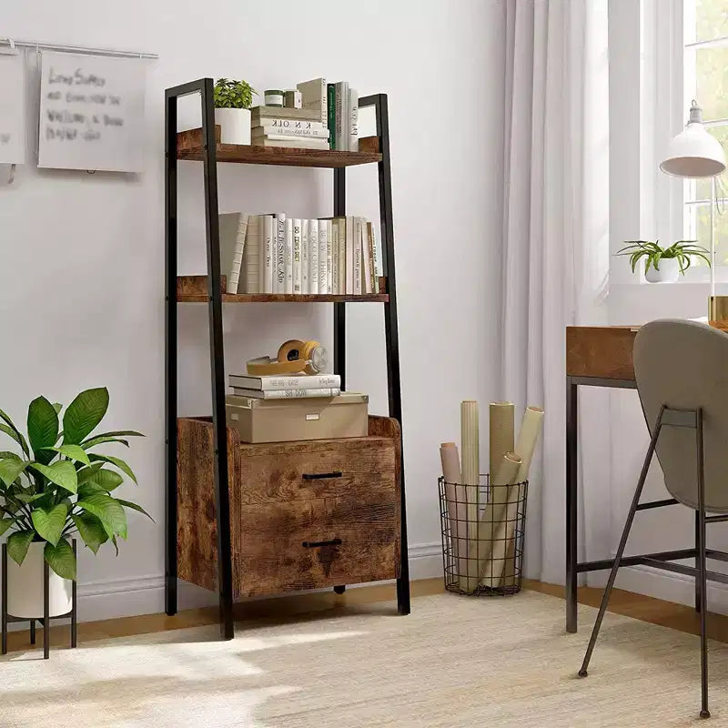 Étagère bibliothèque à 3 niveaux Fabato avec échelle, structure métallique et 2 tiroirs de rangement pour le salon, le bureau ou la chambre, marron rustique