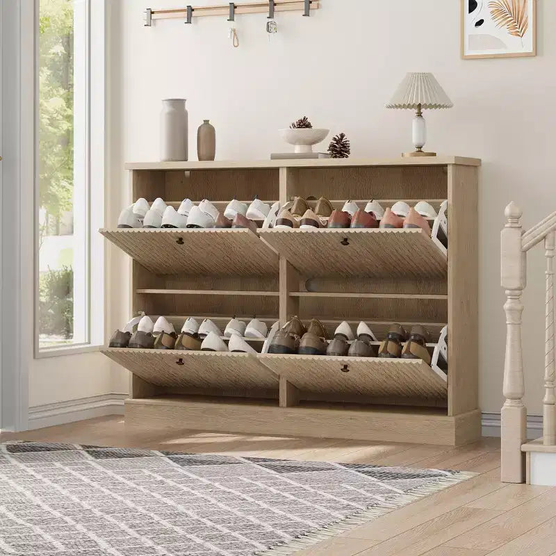 Meuble de rangement pour chaussures d'entrée avec 4 tiroirs basculants, armoire autoportante avec étagères réglables, range-chaussures en bois dissimulé pour couloir