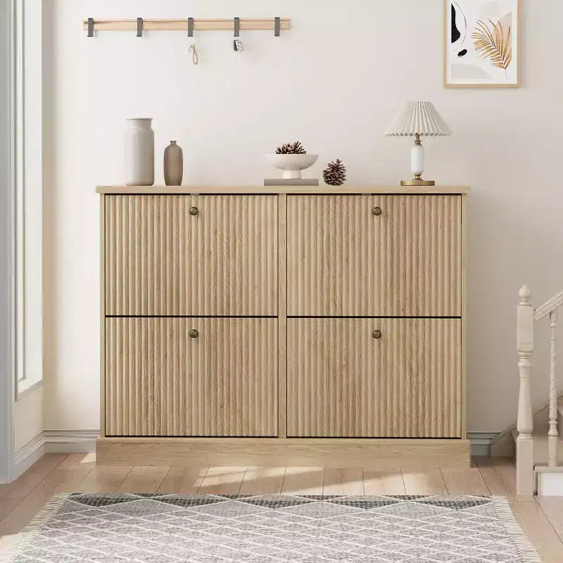 Meuble de rangement pour chaussures d'entrée avec 4 tiroirs basculants, armoire autoportante avec étagères réglables, range-chaussures en bois dissimulé pour couloir