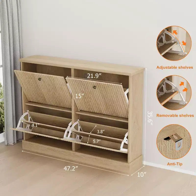Meuble de rangement pour chaussures d'entrée avec 4 tiroirs basculants, armoire autoportante avec étagères réglables, range-chaussures en bois dissimulé pour couloir