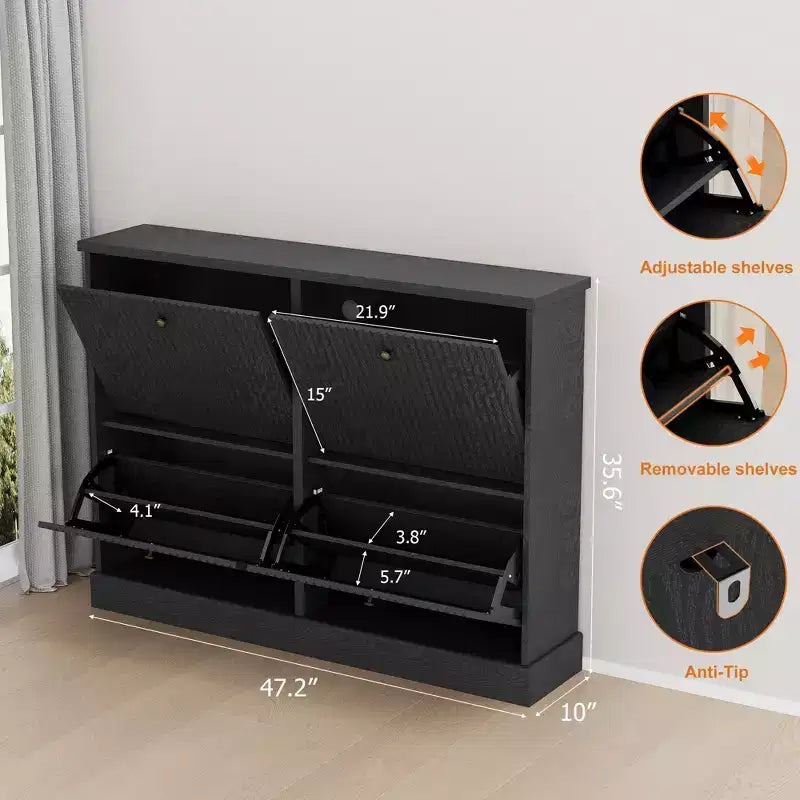 Meuble de rangement pour chaussures d'entrée avec 4 tiroirs basculants, armoire autoportante avec étagères réglables, range-chaussures en bois dissimulé pour couloir
