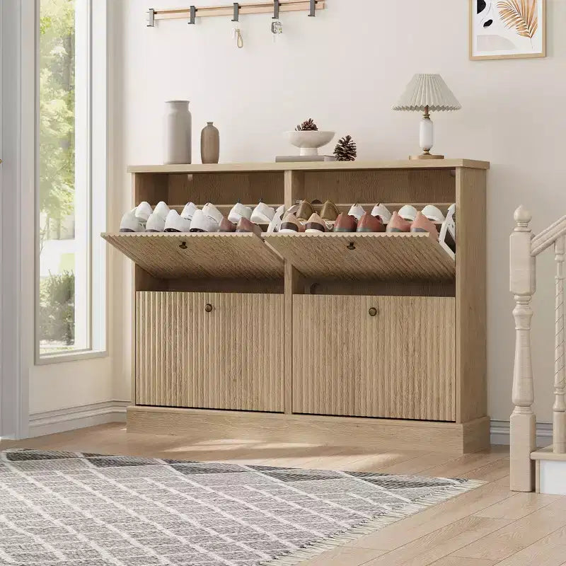 Meuble de rangement pour chaussures d'entrée avec 4 tiroirs basculants, armoire autoportante avec étagères réglables, range-chaussures en bois dissimulé pour couloir