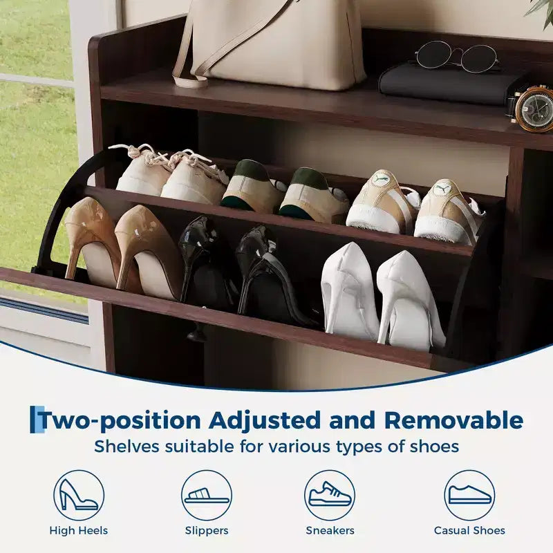 Meuble à chaussures pour entrée, Meuble à chaussures autoportant avec 3 tiroirs basculants et 5 étagères, Meuble de rangement à chaussures en rotin naturel