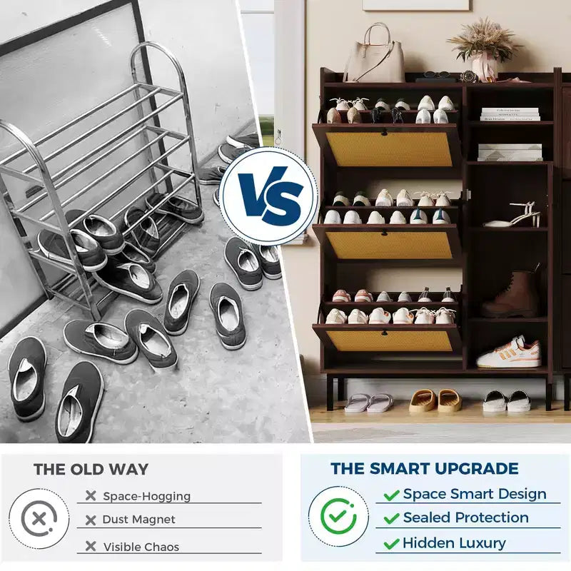 Meuble à chaussures pour entrée, Meuble à chaussures autoportant avec 3 tiroirs basculants et 5 étagères, Meuble de rangement à chaussures en rotin naturel