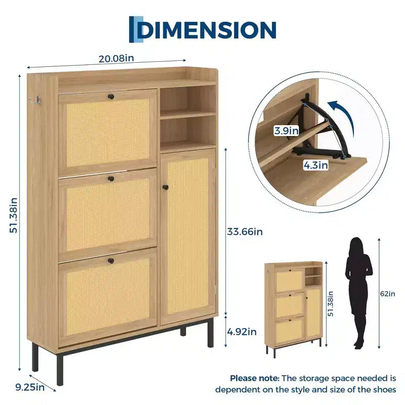 Meuble à chaussures pour entrée, Meuble à chaussures autoportant avec 3 tiroirs basculants et 5 étagères, Meuble de rangement à chaussures en rotin naturel