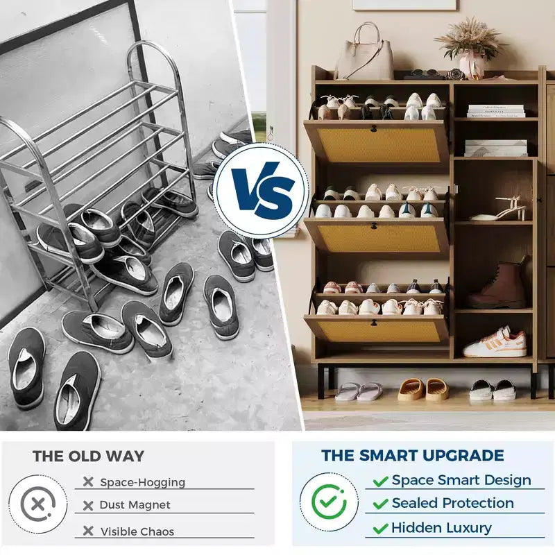 Meuble à chaussures pour entrée, Meuble à chaussures autoportant avec 3 tiroirs basculants et 5 étagères, Meuble de rangement à chaussures en rotin naturel