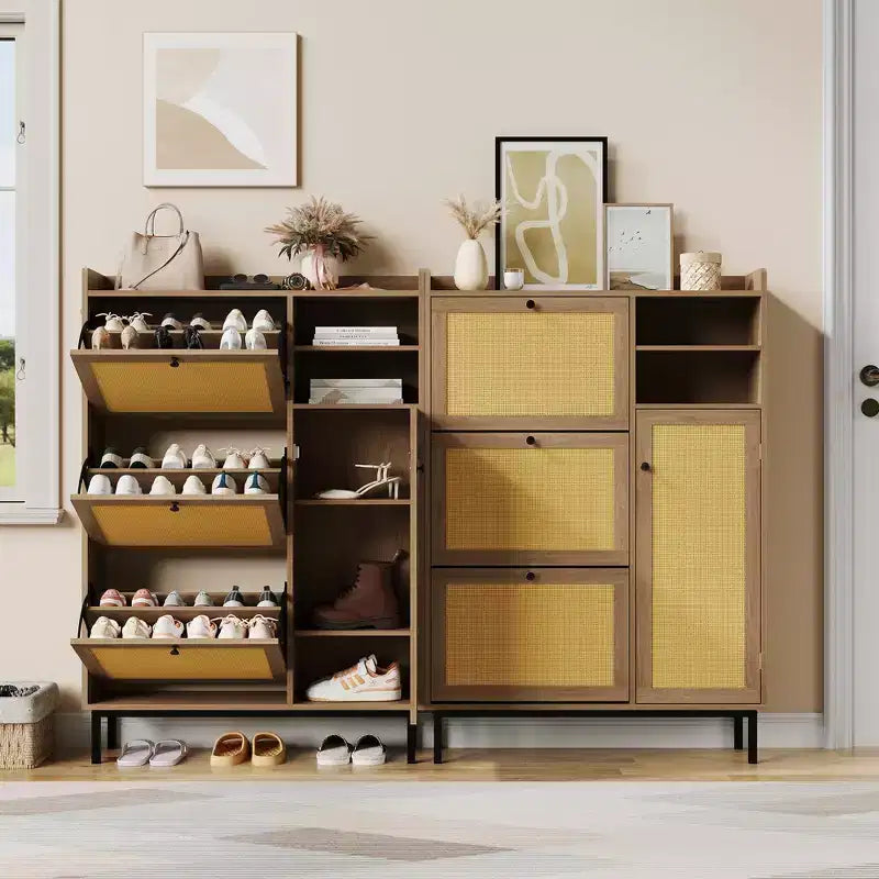Meuble à chaussures pour entrée, Meuble à chaussures autoportant avec 3 tiroirs basculants et 5 étagères, Meuble de rangement à chaussures en rotin naturel