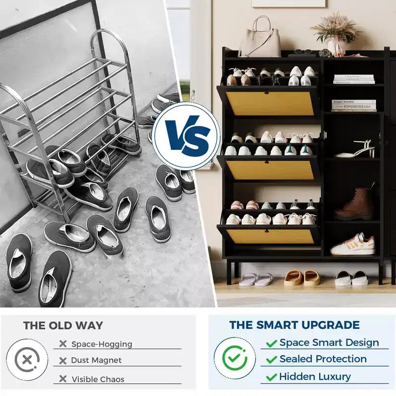 Meuble à chaussures pour entrée, Meuble à chaussures autoportant avec 3 tiroirs basculants et 5 étagères, Meuble de rangement à chaussures en rotin naturel